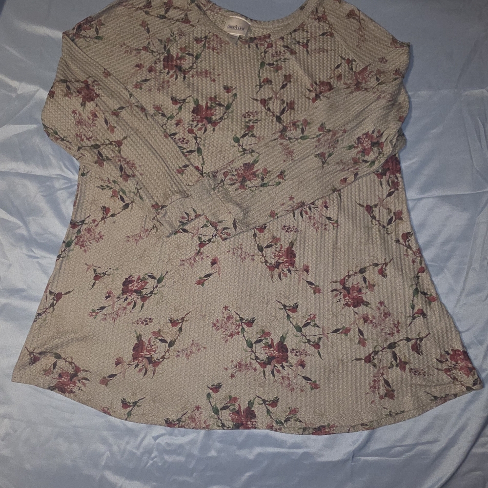 Floral Waffle Long Sleeve Tee in Beige with Pink Blossoms - Picture 1 of 7